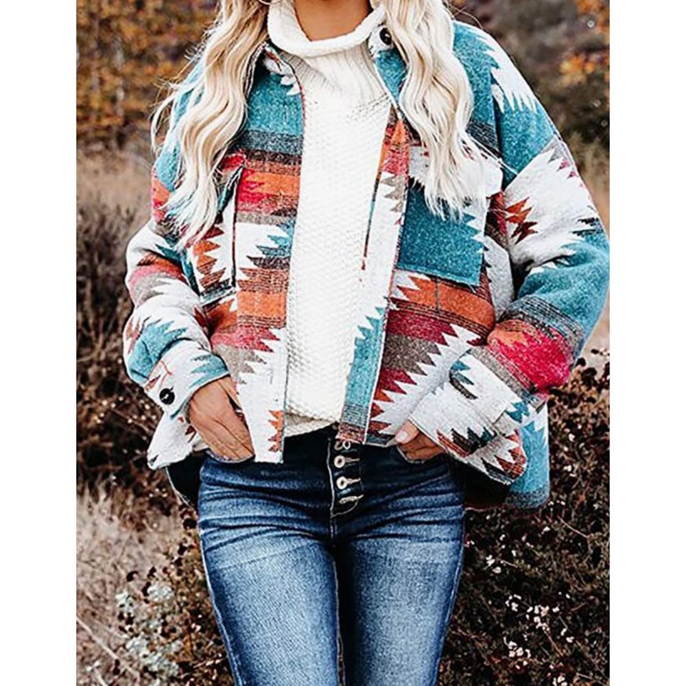 Multicolor Aztec Tribal Print Button Down Corduroy Shacket Jacket Coat - Picture 2 of 7
